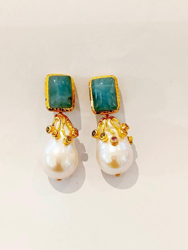 Brilliant Cut Bochic “Capri” Aquamarine & Sapphire, Pearl Earrings Set In 18K Gold & Silver  For Sale