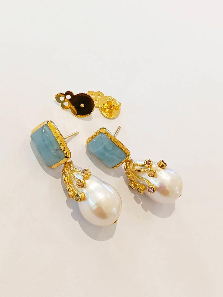 Bochic “Capri” Aquamarine & Sapphire, Pearl Earrings Set In 18K Gold & Silver  In New Condition For Sale In New York, NY