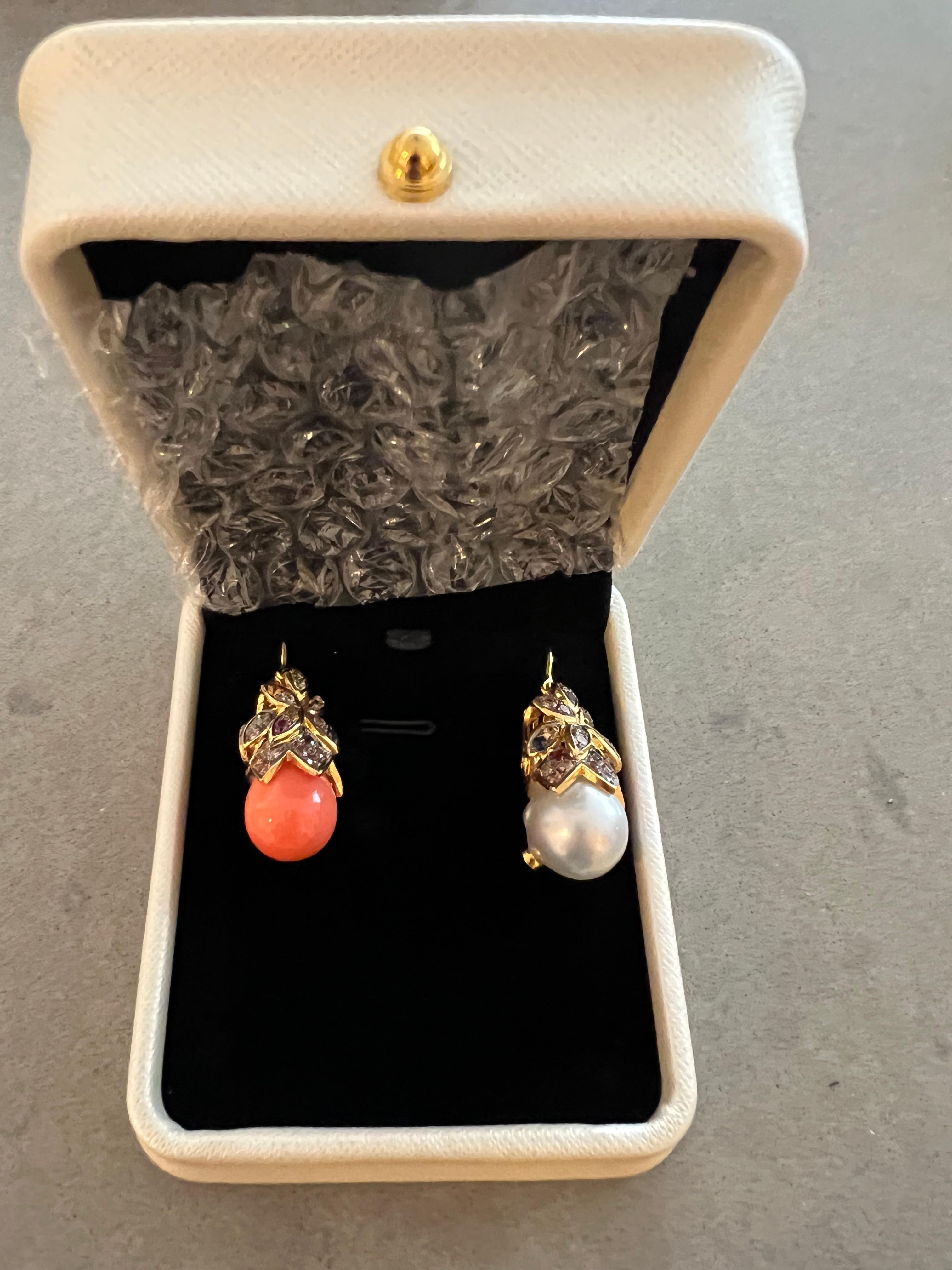 Women's or Men's Bochic “Capri” Aquamarine & Sapphire, Pearl Earrings Set In 18K Gold & Silver For Sale
