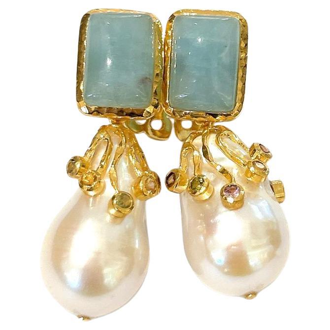 Bochic “Capri” Aquamarine & Sapphire, Pearl Earrings Set In 18K Gold & Silver  For Sale