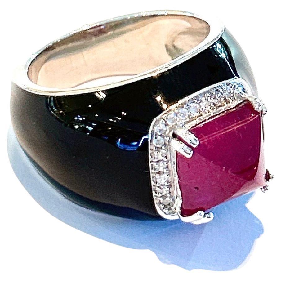Bochic “Capri” Art Deco Ruby Cocktail Ring, Enamel Set in 18k Gold & Silver For Sale
