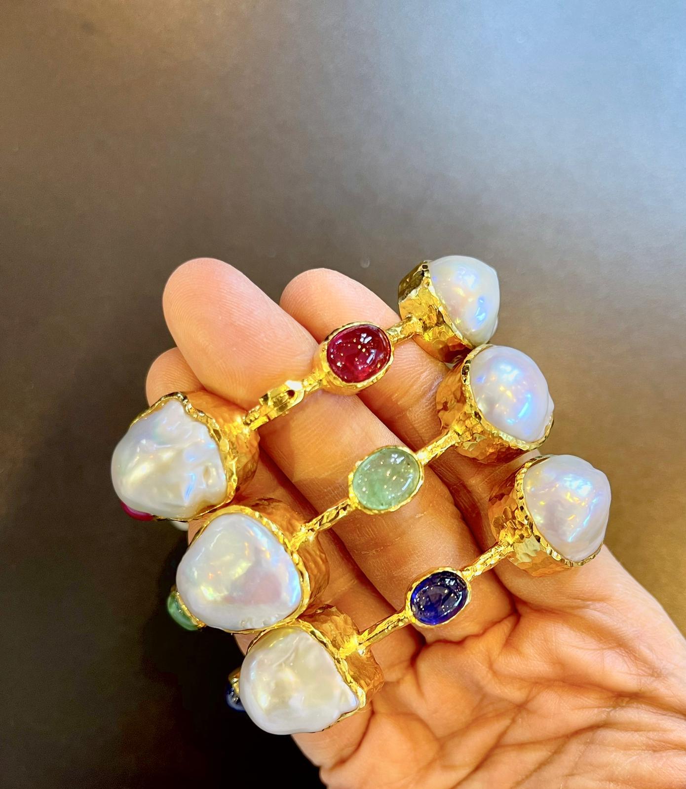 Baroque Bochic “Capri” Bangle, Australian Opal, Ruby & South Sea Pearls Set in 22k Gold  For Sale