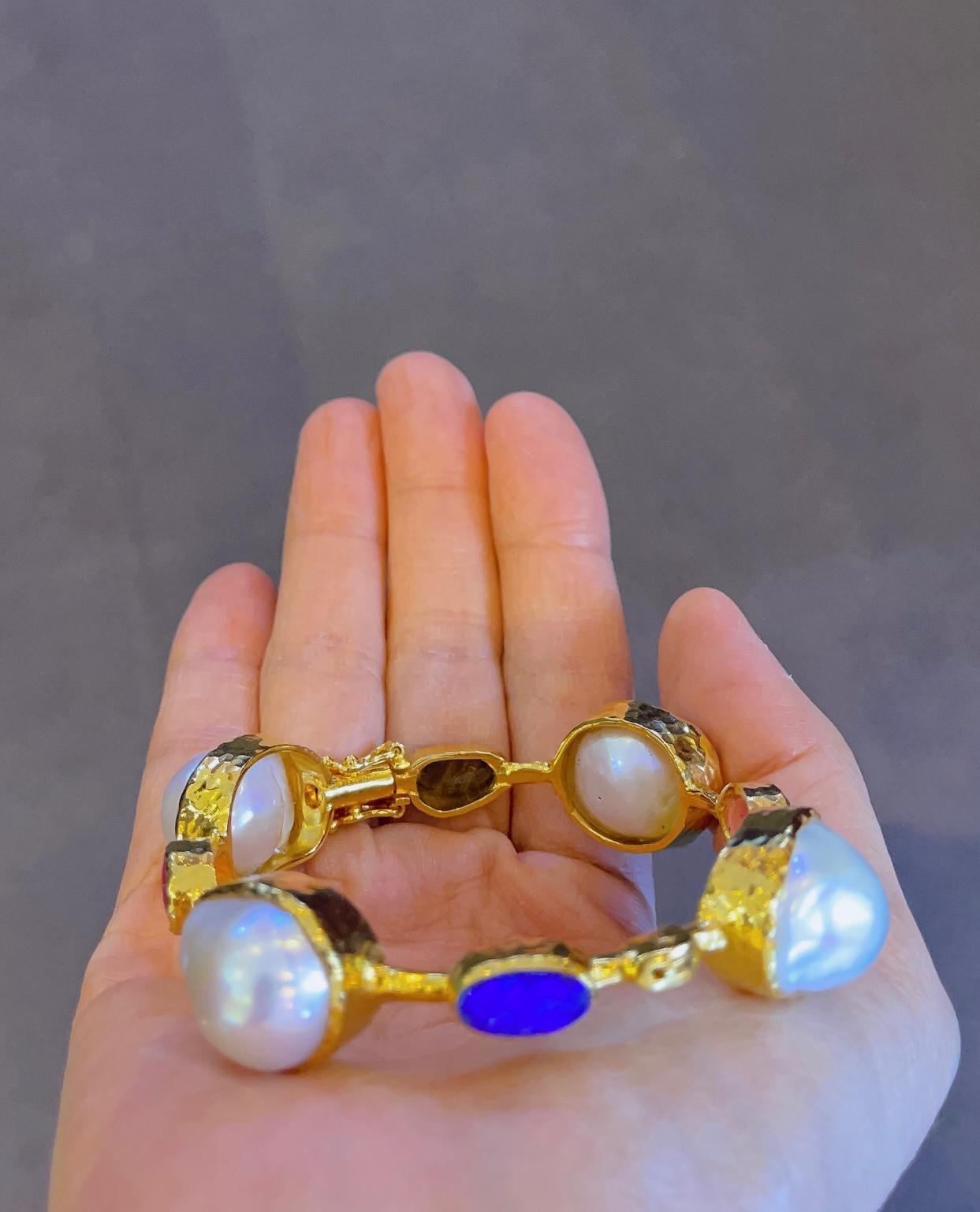 Cabochon Bochic “Capri” Bangle, Australian Opal, Ruby & South Sea Pearls Set in 22k Gold  For Sale