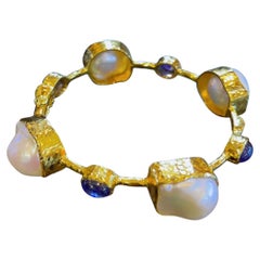 Bochic “Capri” Bangle, Blue Sapphire & South Sea Pearls set in 22 Gold & Silver
