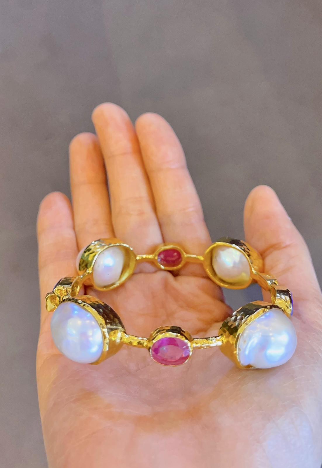 Baroque Bochic “Capri” Bangle, Natural Ruby  & South Sea Pearls set in 22 Gold & Silver For Sale