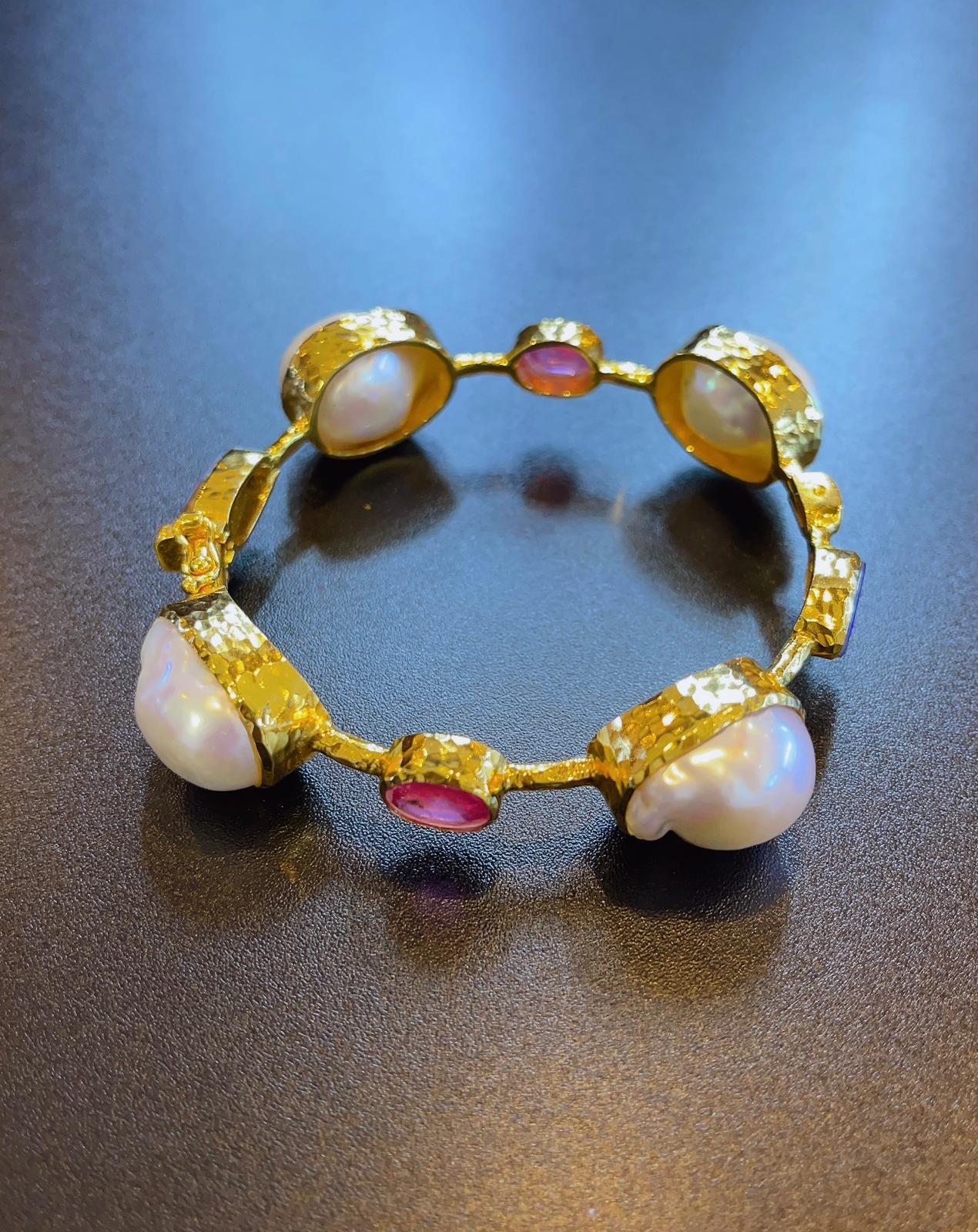 Cabochon Bochic “Capri” Bangle, Natural Ruby  & South Sea Pearls set in 22 Gold & Silver For Sale