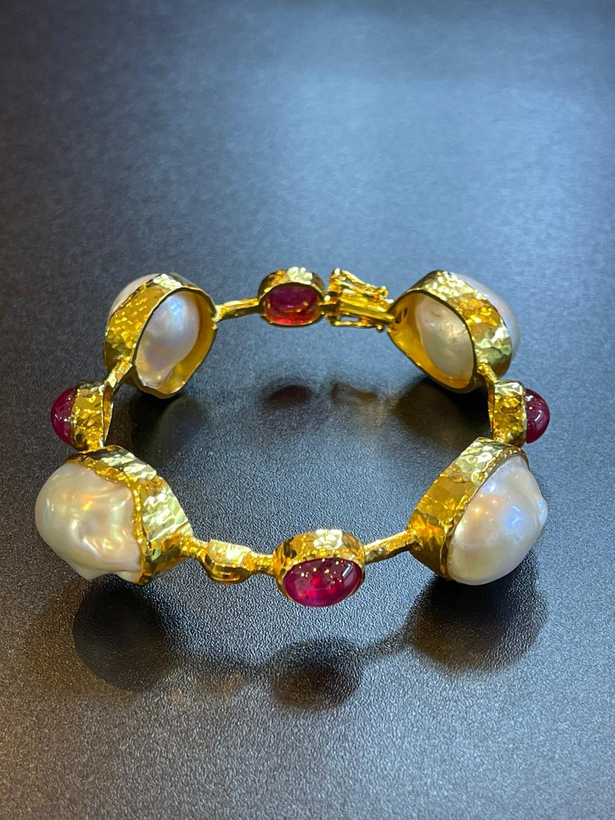 Bochic “Capri” Bangle, Natural Ruby  & South Sea Pearls set in 22 Gold & Silver In New Condition For Sale In New York, NY