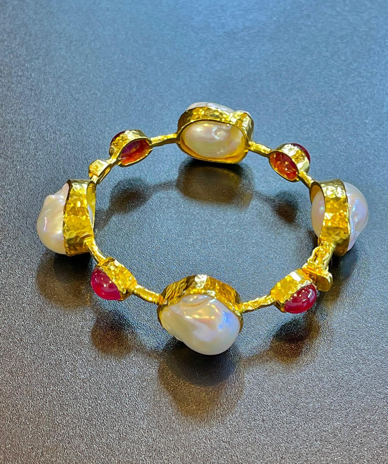 Women's Bochic “Capri” Bangle, Natural Ruby  & South Sea Pearls set in 22 Gold & Silver For Sale