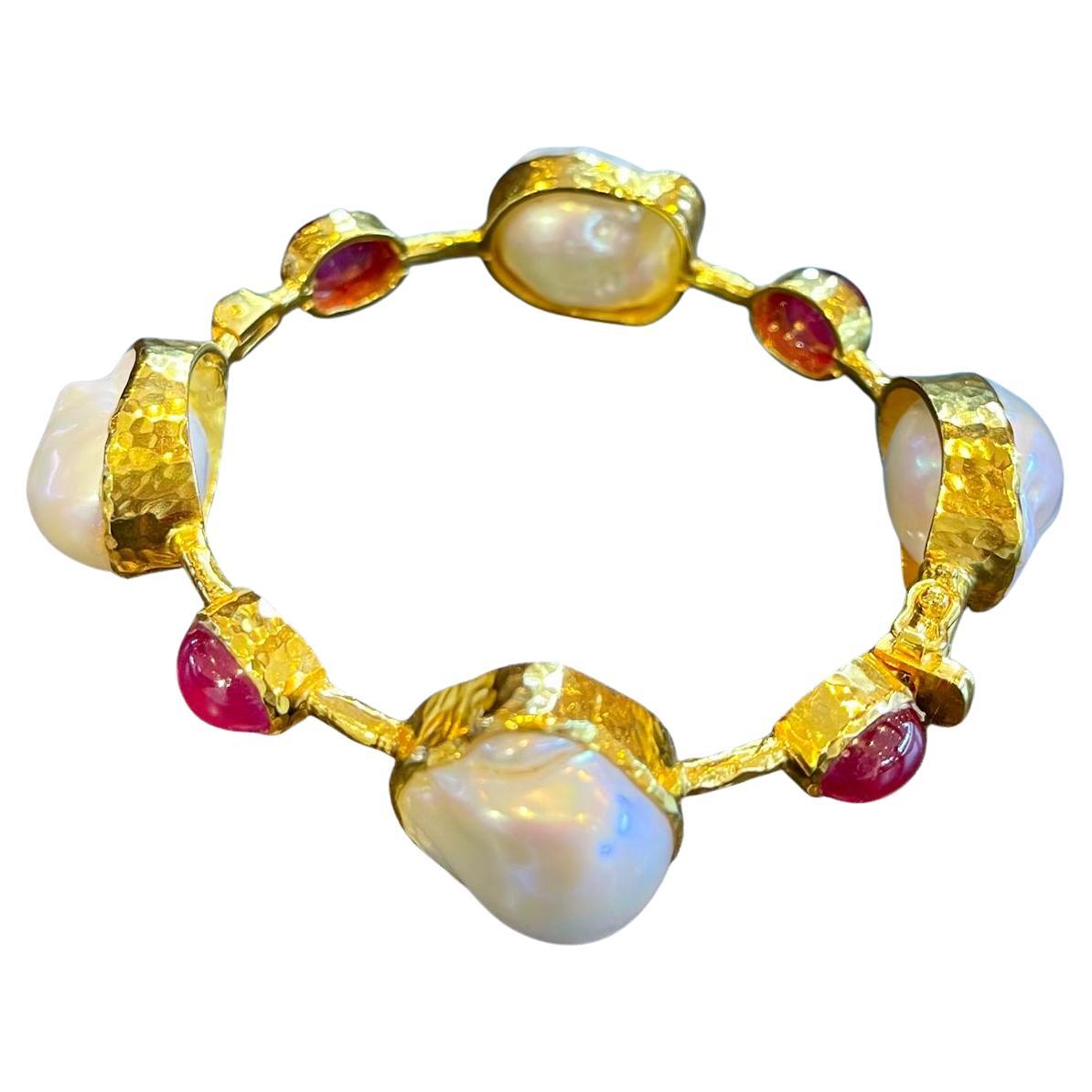 Bochic “Capri” Bangle, Natural Ruby  & South Sea Pearls set in 22 Gold & Silver
