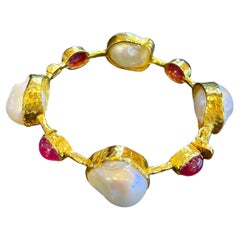 Bochic “Capri” Bangle, Natural Ruby  & South Sea Pearls set in 22 Gold & Silver