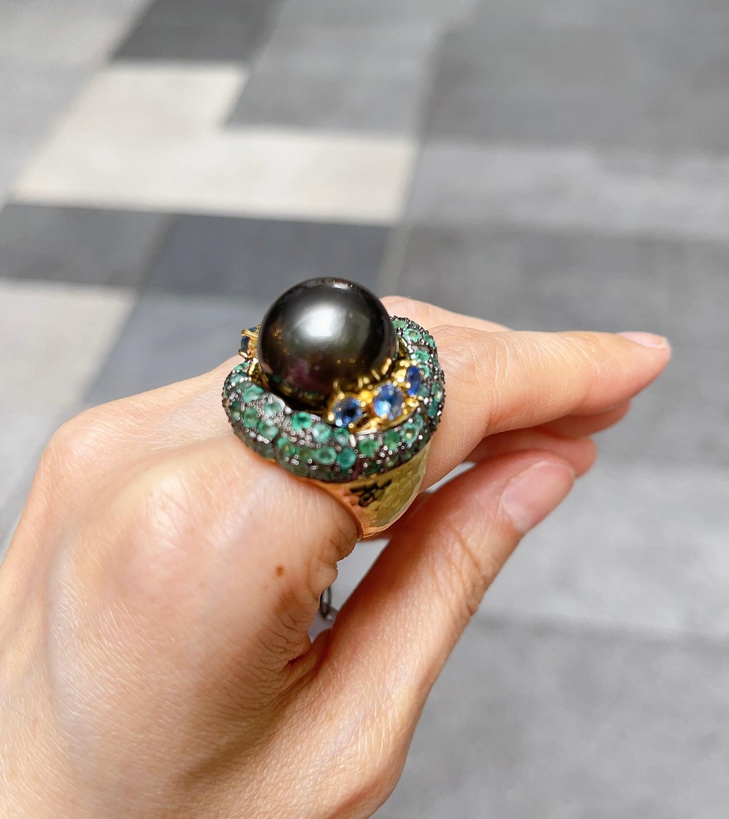 Bochic “Capri” Black Pearl & Emerald / Sapphire Cocktail Ring Set in 22k Gold 6