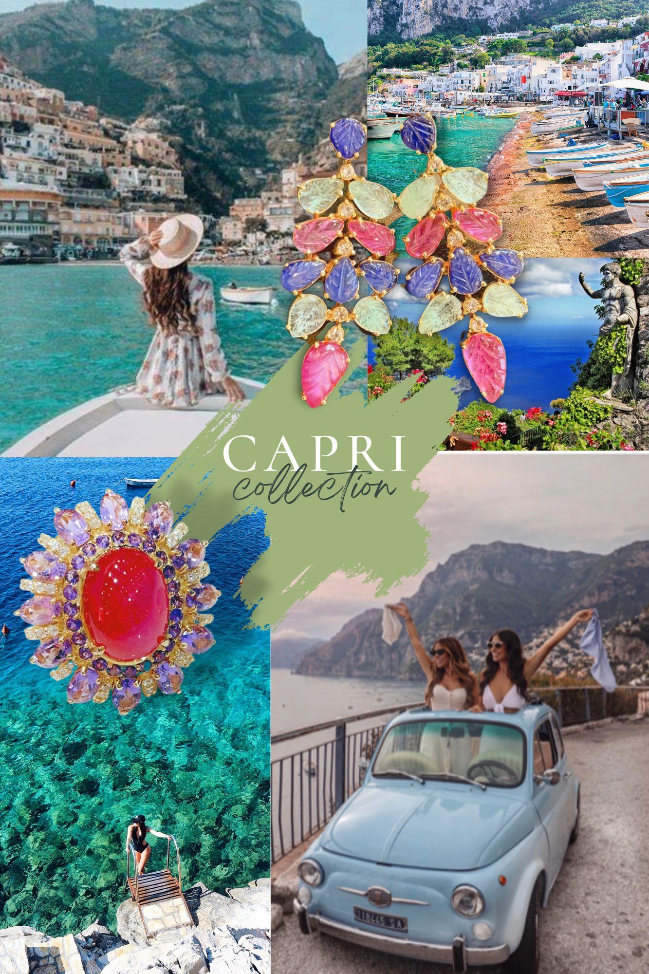 Brilliant Cut Bochic “Capri” Black Pearl & Emerald / Sapphire Cocktail Ring Set in 22k Gold