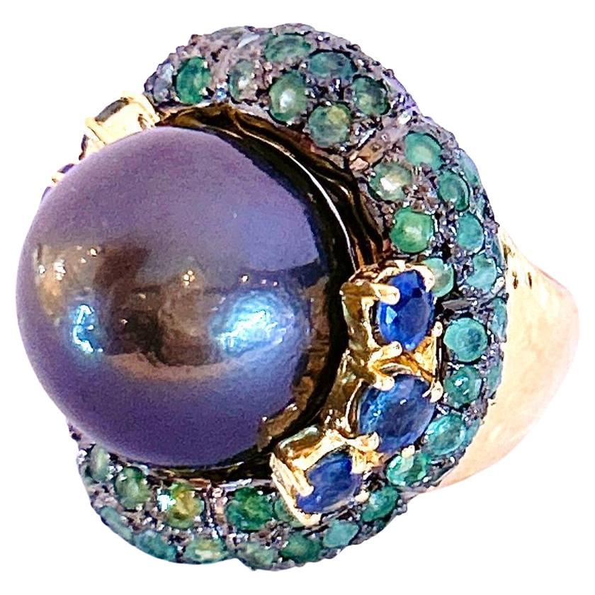 Bochic “Capri” Black Pearl & Emerald / Sapphire Cocktail Ring Set in 22k Gold