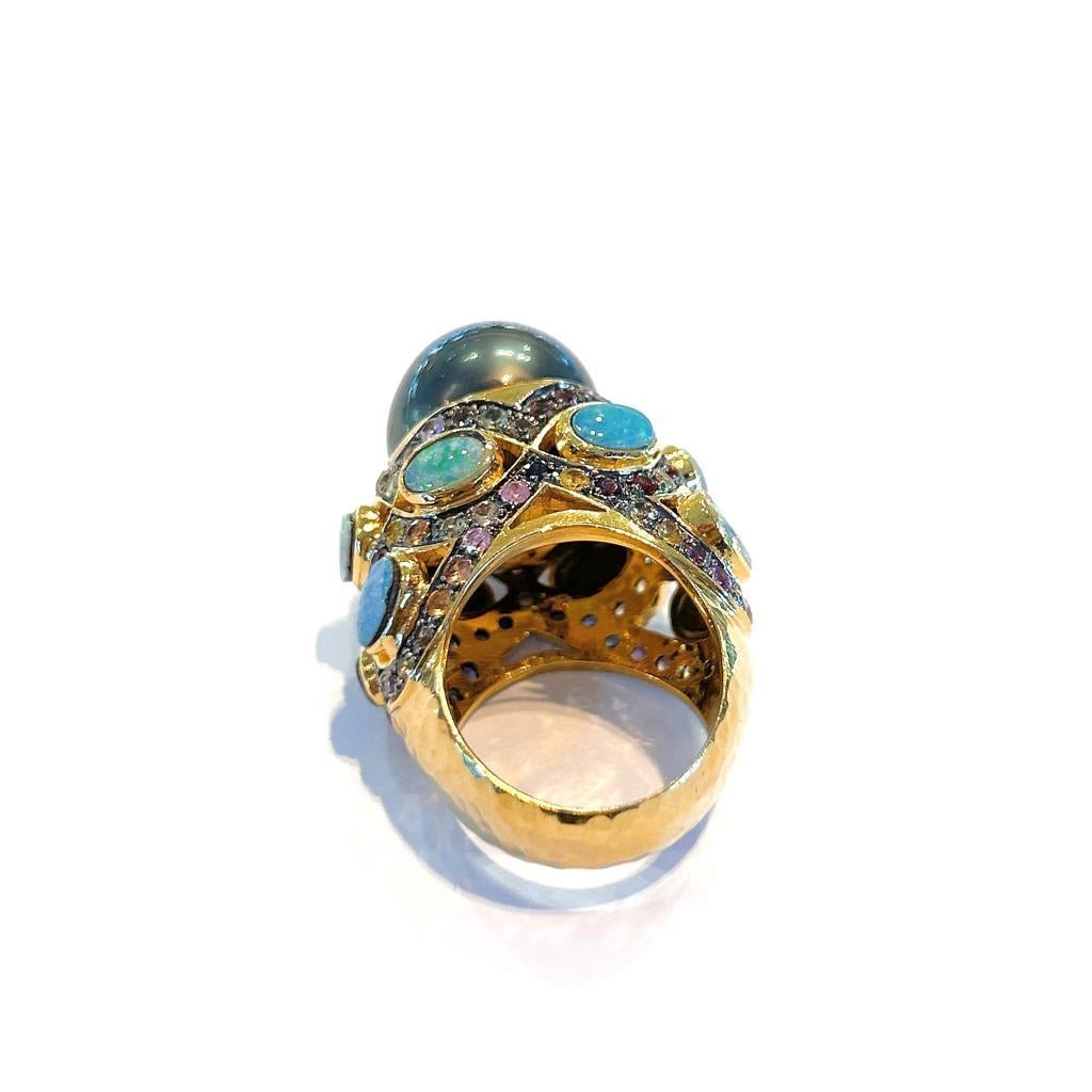 Bochic Capri Schwarze Perle, Opal und Multi-Saphire  Satz in 18K Gold & Silber  (Brillantschliff) im Angebot