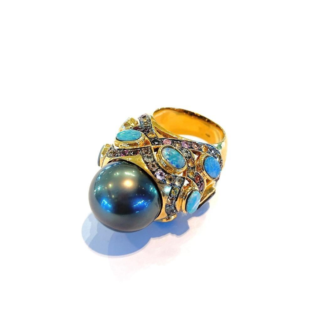 Baroque Bochic “Capri” Black Pearl, Opal & Multi Sapphires  Set in 18K Gold & Silver  For Sale