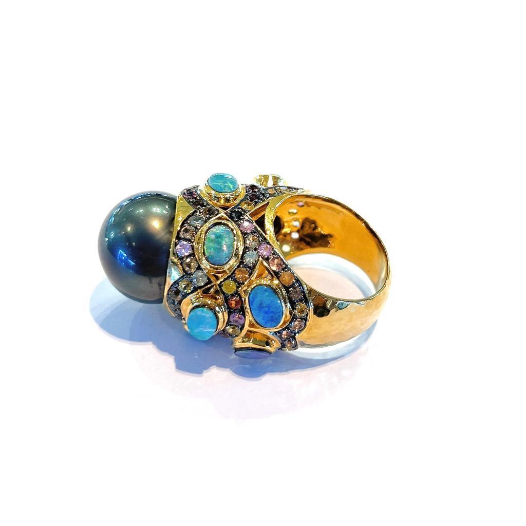 Brilliant Cut Bochic “Capri” Black Pearl, Opal & Multi Sapphires  Set in 18K Gold & Silver  For Sale
