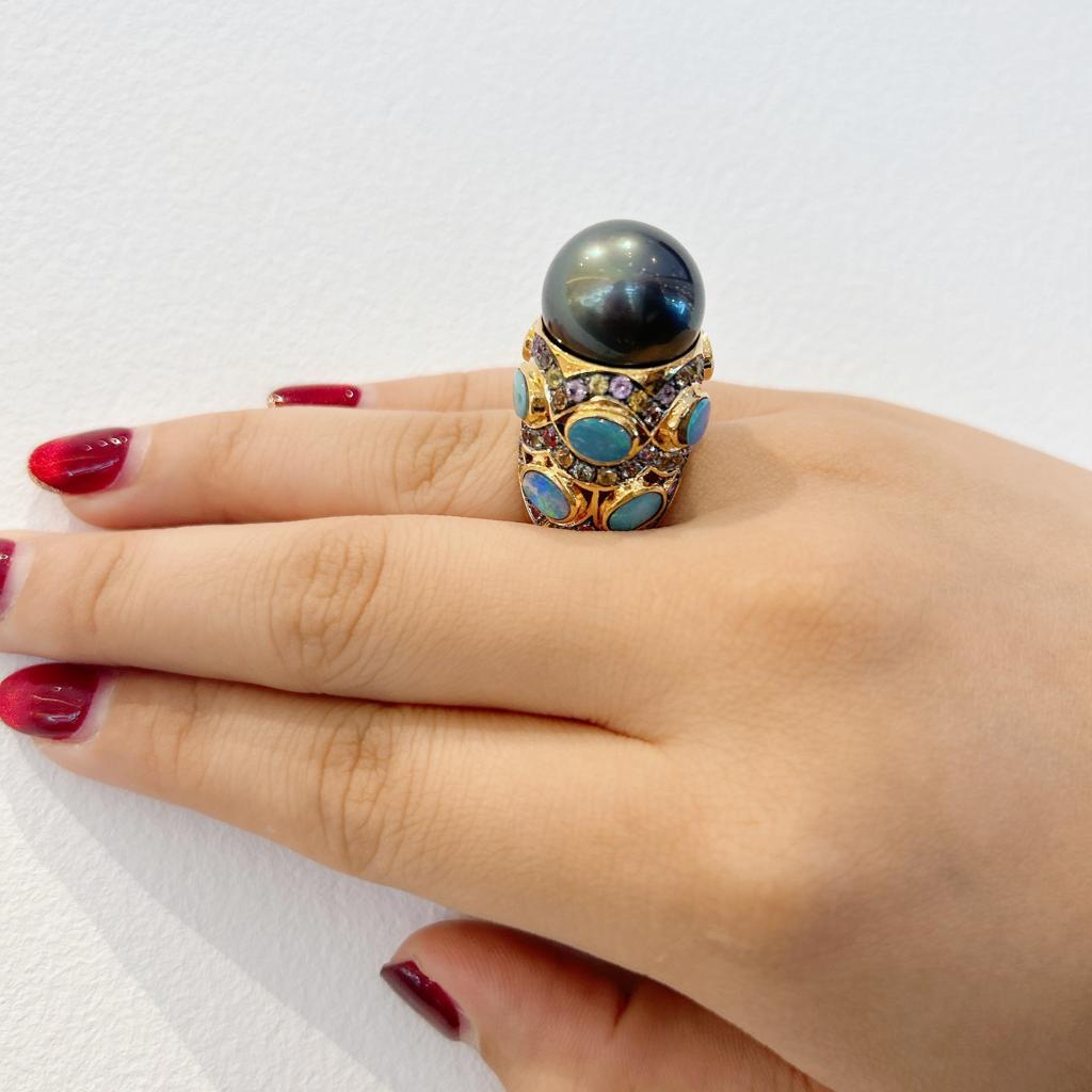 Bochic “Capri” Black Pearl, Opal & Multi Sapphires  Set in 18K Gold & Silver  In New Condition For Sale In New York, NY
