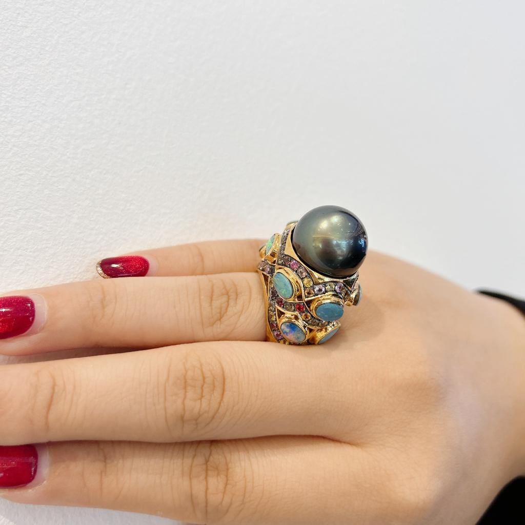 Bochic “Capri” Black Pearl, Opal & Multi Sapphires  Set in 18K Gold & Silver  For Sale 1