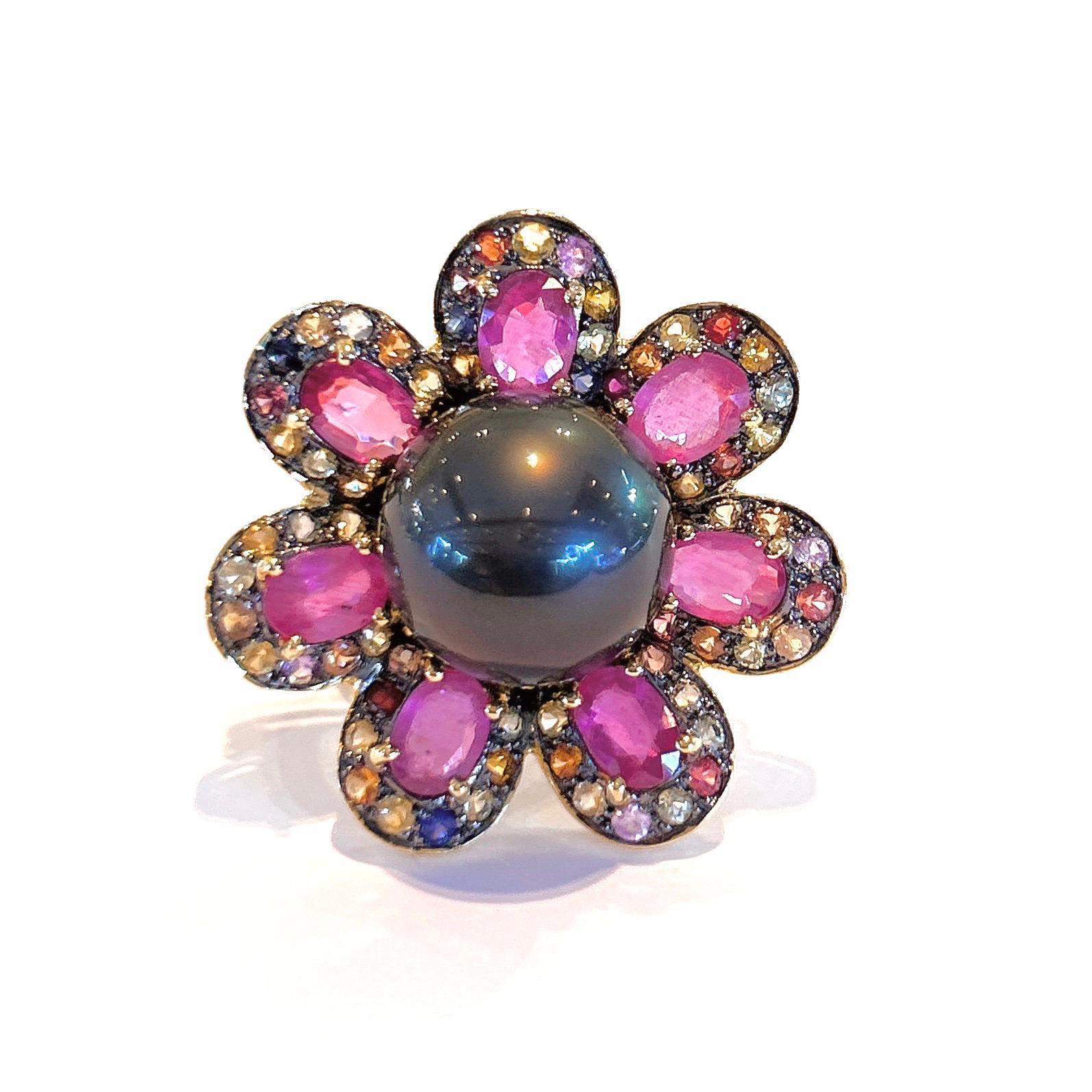 Women's Bochic “Capri” Black Pearl & Pink Sapphire Cocktail Ring Set in 22k Gold & Silve For Sale