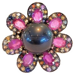 Bochic “Capri” Black Pearl & Pink Sapphire Cocktail Ring Set in 22k Gold & Silve
