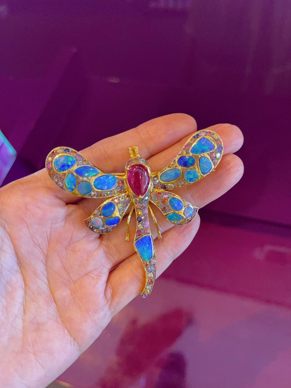 Women's Bochic “Capri” Blue Fire Opal, Ruby & Sapphire Brooch Set in 22k Gold & Silver