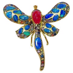 Bochic “Capri” Blue Fire Opal, Ruby & Sapphire Brooch Set in 22k Gold & Silver