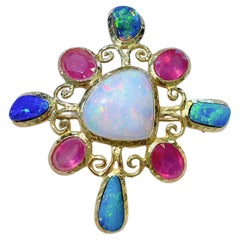 Bochic “Capri” Blue Fire Opal, White Ethiopian Opal & Ruby Brooch, 22k Gold & Si