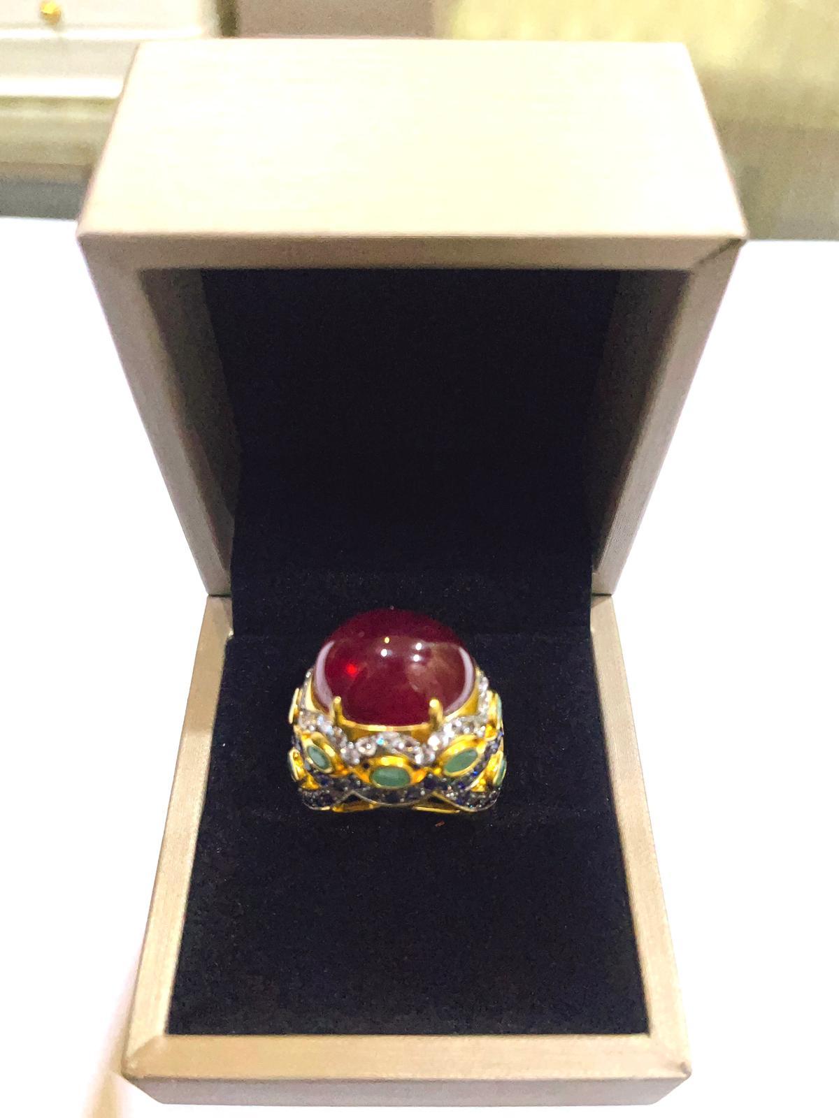 Bochic “Capri” Blue & Multi color Sapphires Ring Set in 18K Gold & Silver  For Sale 3