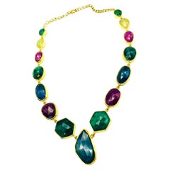 Bochic “Capri” Blue, Multi Sapphire, Emerald & Ruby Necklace Set 18K Gold & Silv
