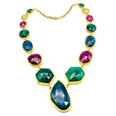 Bochic “Capri” Blue, Multi Sapphire, Emerald & Ruby Necklace Set 18K Gold & Silv