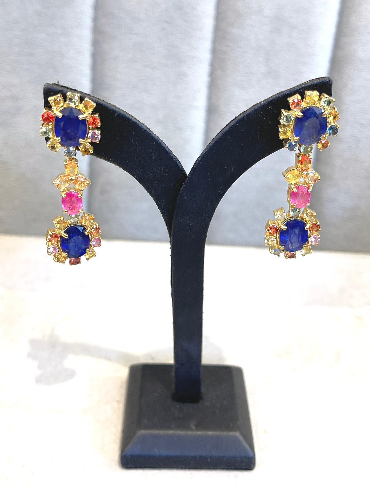 Baroque Bochic “Capri” Blue & Multi Sapphire & Ruby Earrings Set In 18K Gold & Silver For Sale