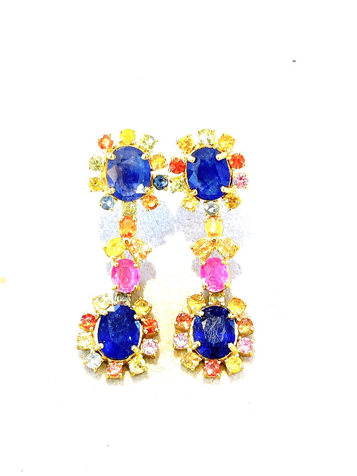 Brilliant Cut Bochic “Capri” Blue & Multi Sapphire & Ruby Earrings Set In 18K Gold & Silver For Sale