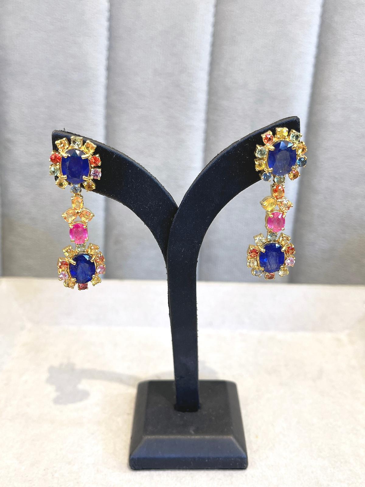 Bochic “Capri” Blue & Multi Sapphire & Ruby Earrings Set In 18K Gold & Silver In New Condition For Sale In New York, NY