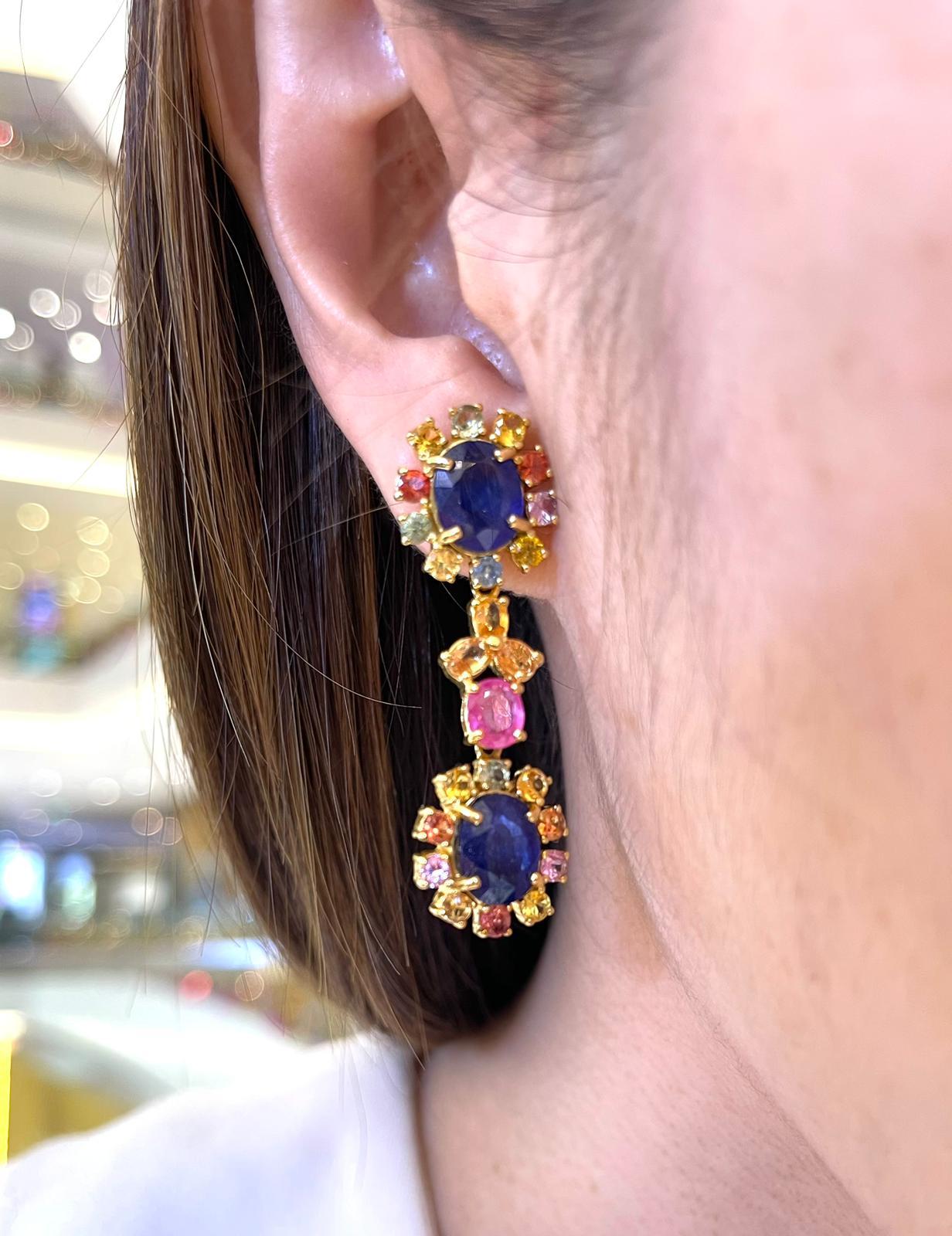 Women's Bochic “Capri” Blue & Multi Sapphire & Ruby Earrings Set In 18K Gold & Silver For Sale