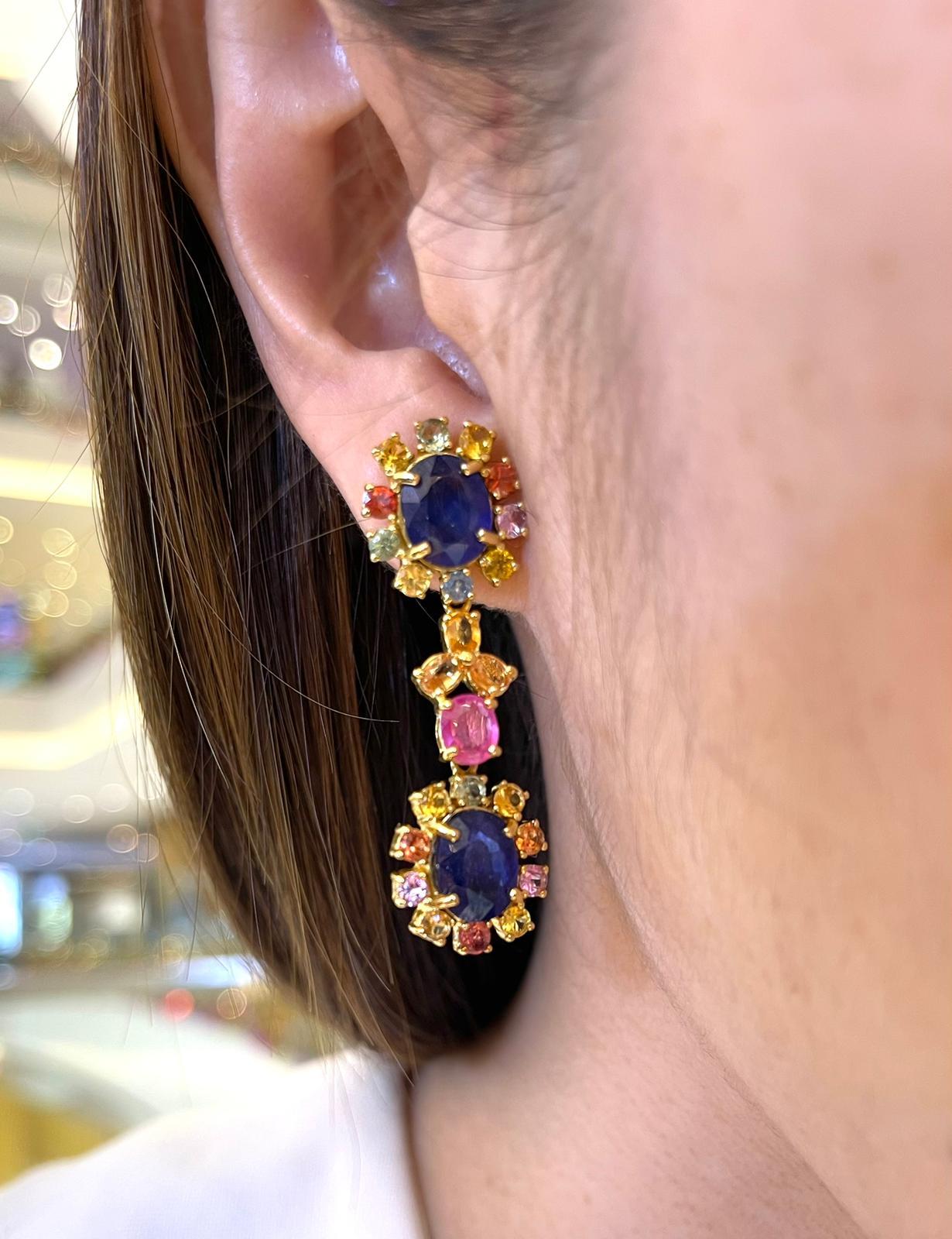 Bochic “Capri” Blue & Multi Sapphire & Ruby Earrings Set In 18K Gold & Silver For Sale 1