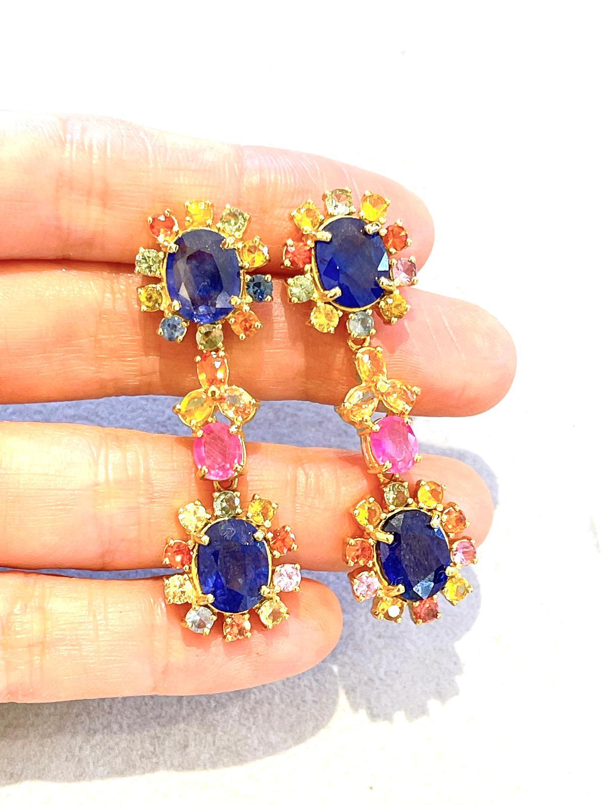 Bochic “Capri” Blue & Multi Sapphire & Ruby Earrings Set In 18K Gold & Silver For Sale 2