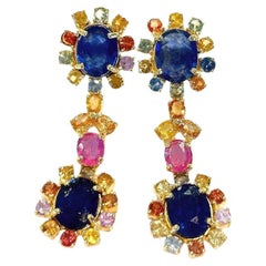 Bochic “Capri” Blue & Multi Sapphire & Ruby Earrings Set In 18K Gold & Silver 