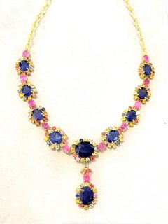 Bochic “Capri” Blue Multi Sapphire & Ruby Necklace Set 18K Gold & Silver