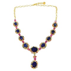 Bochic “Capri” Blue, Multi Sapphire & Ruby Necklace Set 18K Gold & Silver