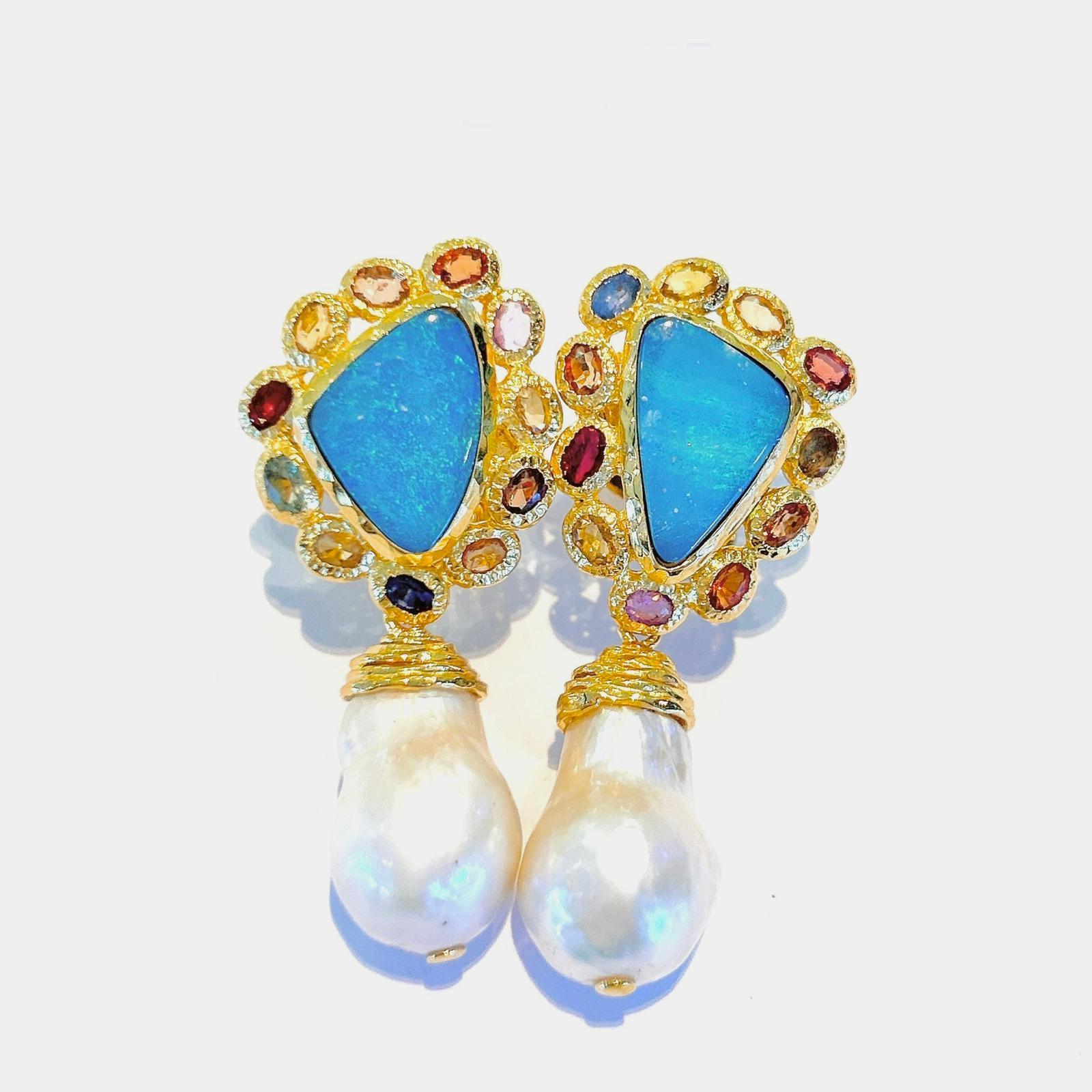 Bochic “Capri” Blue Opal, Barque Pearl & Sapphire Set in 22k Gold & Silver For Sale 4