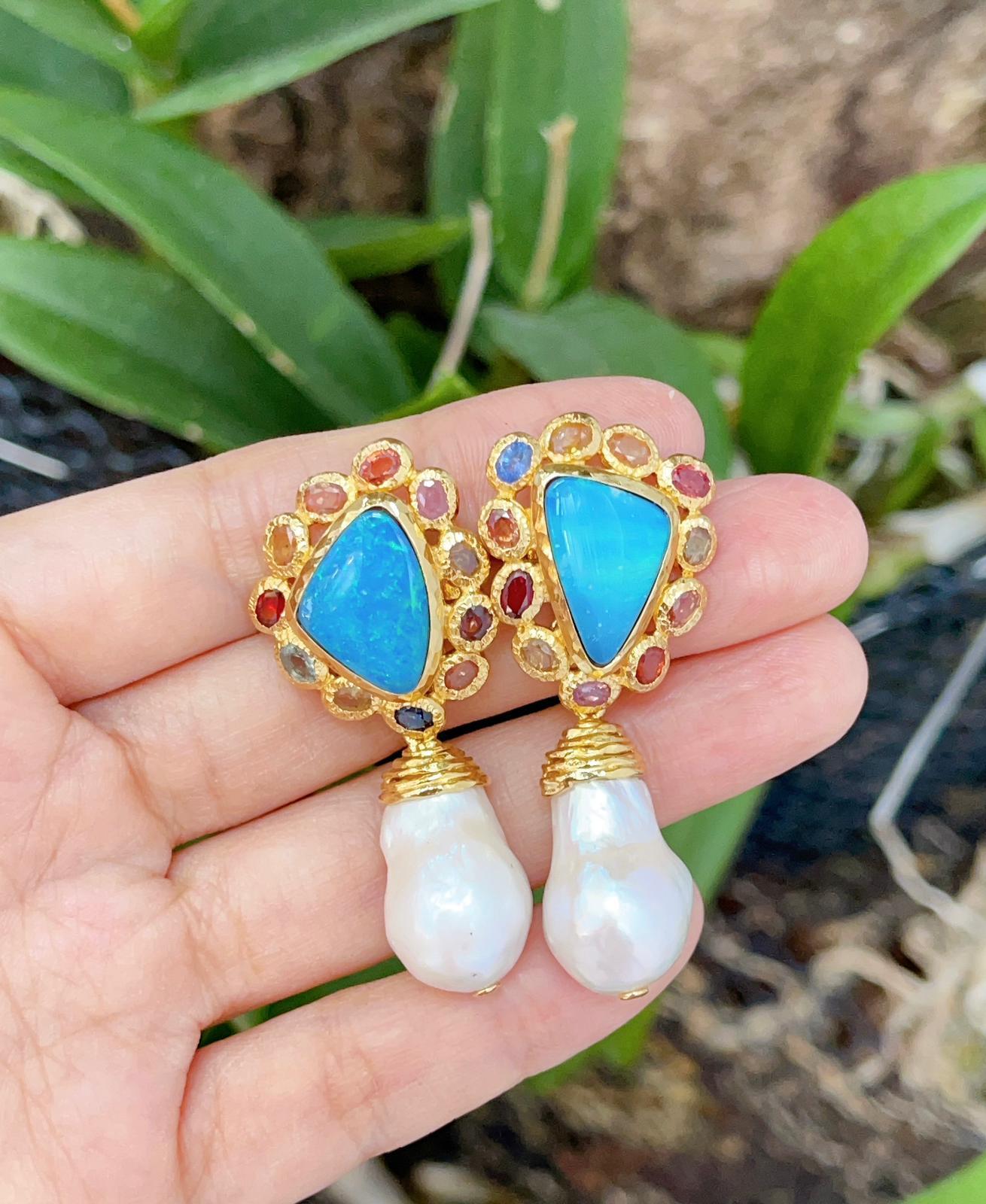 Bochic “Capri” Blue Opal, Barque Pearl & Sapphire Set In 22K Gold & Silver 
Multi natural gem Drop earrings 
Beautiful Natural Blue Opal - 8 carats
Natural multi color Color Sapphires from Sri Lankan  - 6 carats 
Oval brilliant shapes 
Colors: Pink,