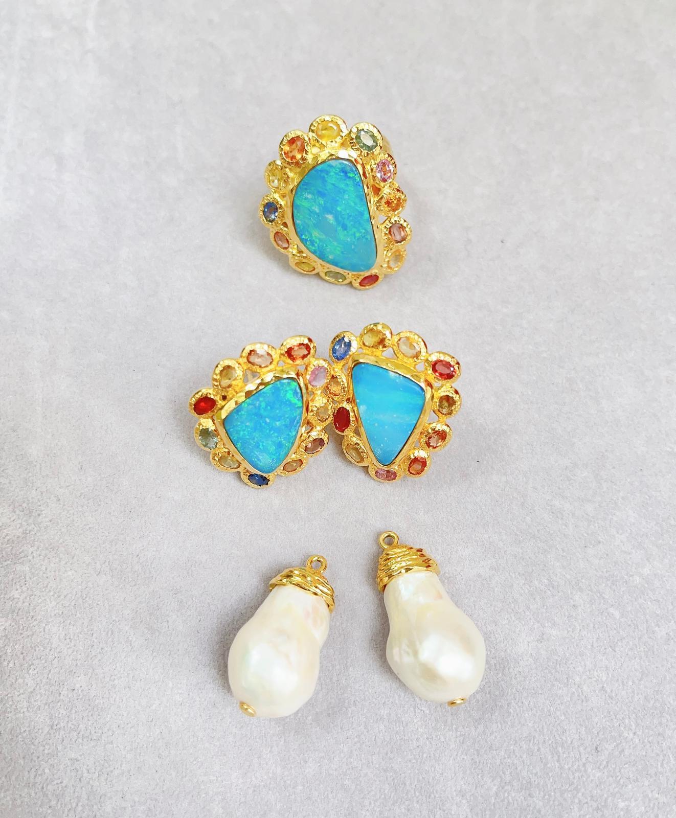 Bochic “Capri” Blue Opal, Barque Pearl & Sapphire Set in 22k Gold & Silver In New Condition For Sale In New York, NY