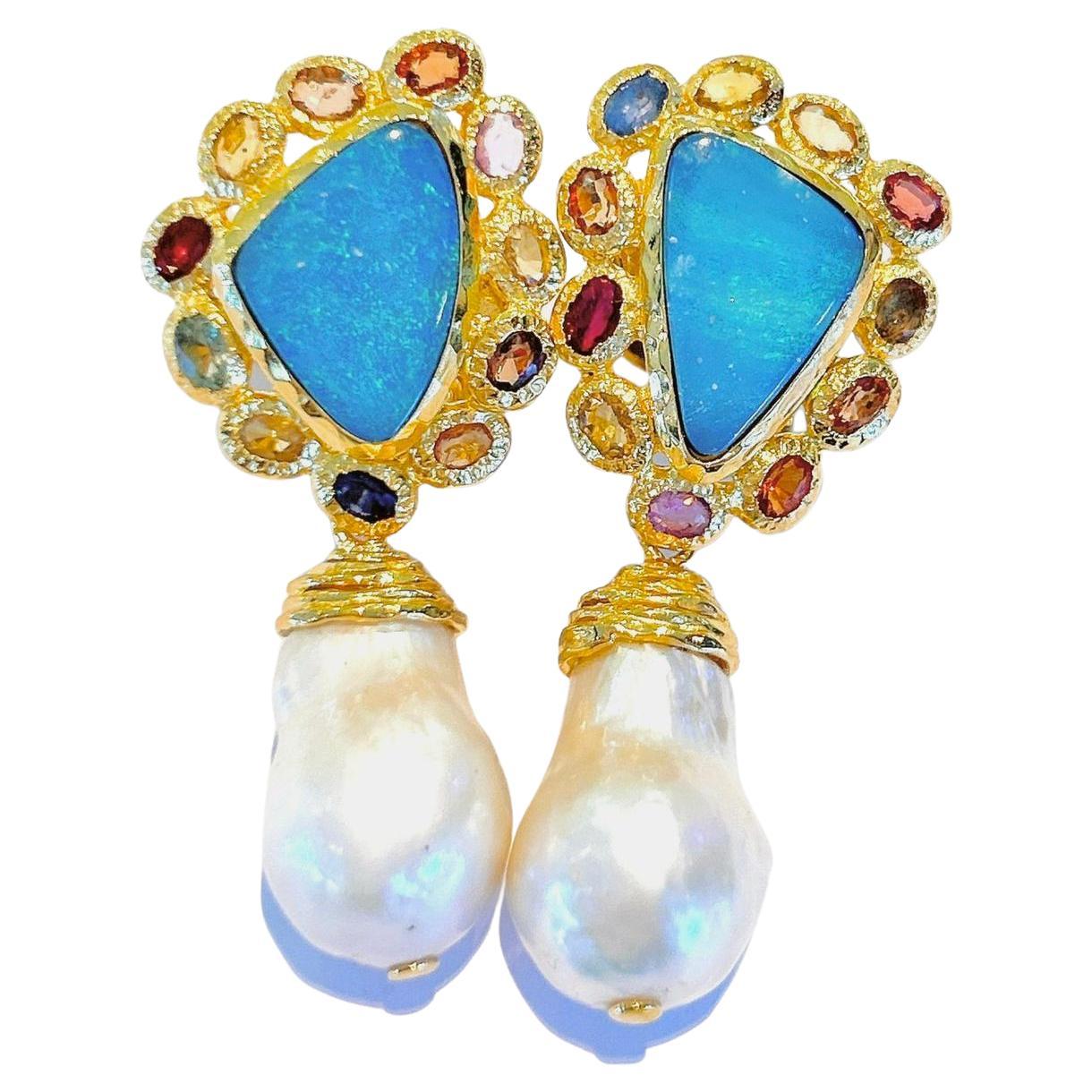 Bochic “Capri” Blue Opal, Barque Pearl & Sapphire Set in 22k Gold & Silver For Sale