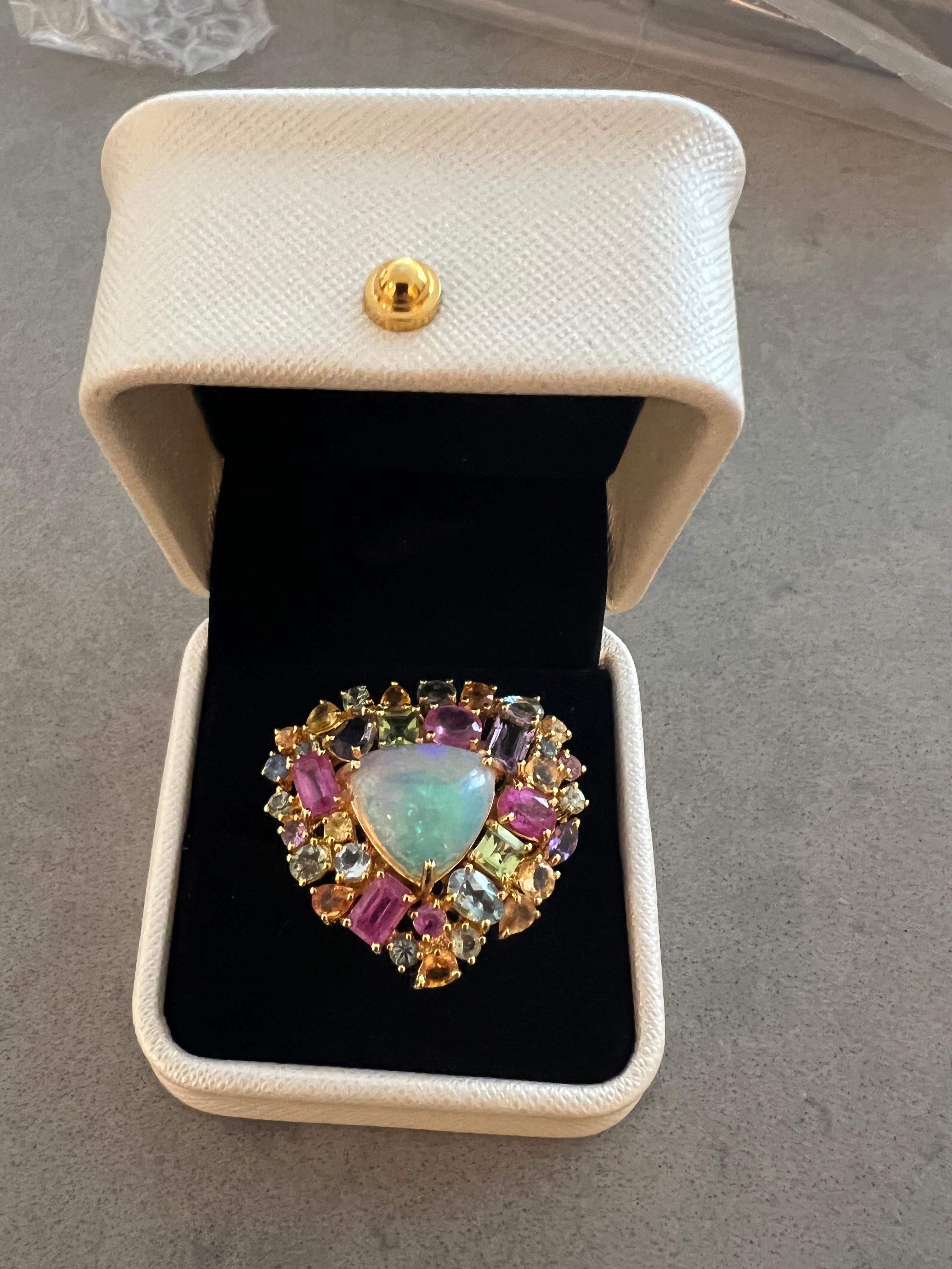 Bochic “Capri” Blue Opal & Multi Color Sapphire Cocktail Ring Set in 22k Gold For Sale 6
