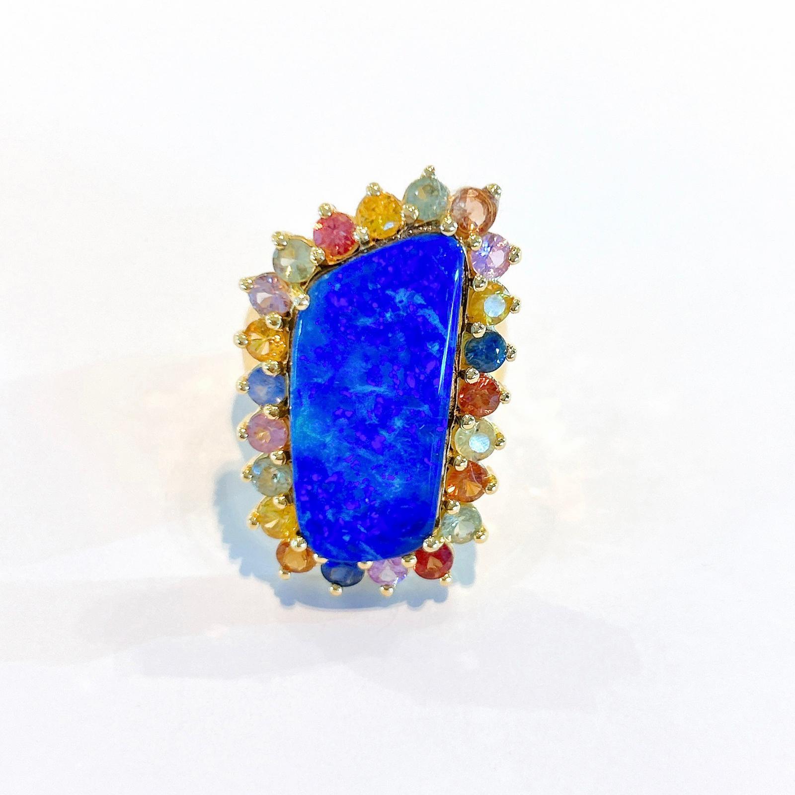 Bochic “Capri” Blue Opal & Multi Color Sapphire Cocktail Ring Set In 22K Gold & Silver 
Multi natural gem Ring 
Beautiful Natural Blue Opal - 29 carats
Natural Multi Color Sapphires from Sri Lanka - 6 carats 
Round and oval brilliant shapes 
This