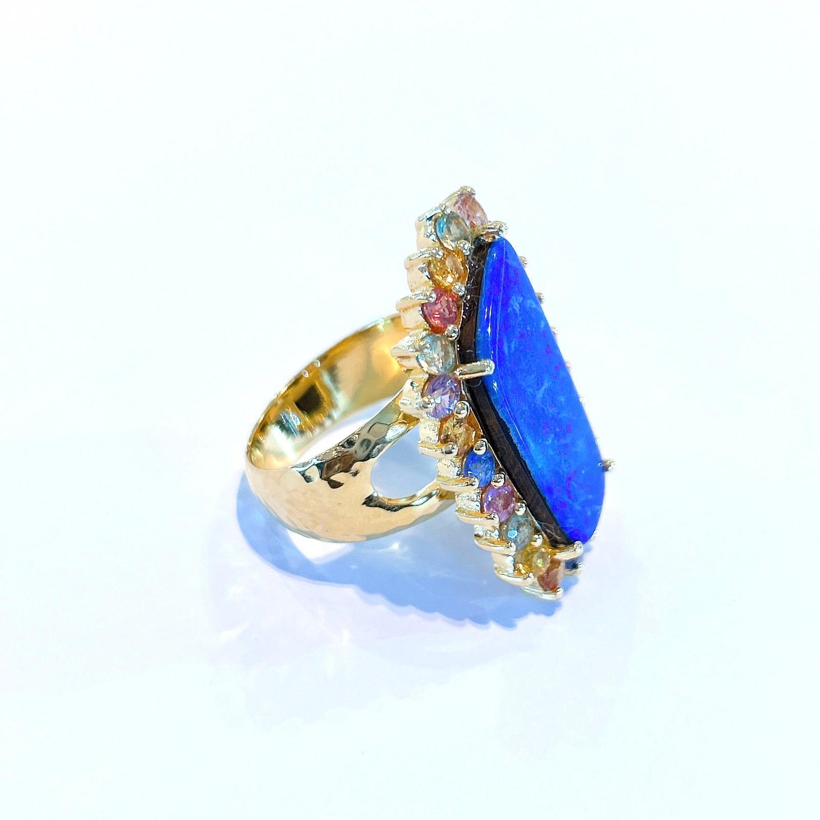 Brilliant Cut Bochic “Capri” Blue Opal & Multi Color Sapphire Cocktail Ring Set in 22k Gold For Sale