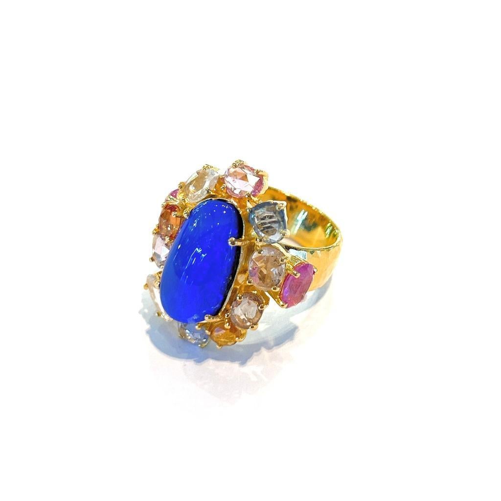 Baroque Bochic “Capri” Blue Opal & Multi color Sapphire Ring Set in 18K Gold & Silver  For Sale