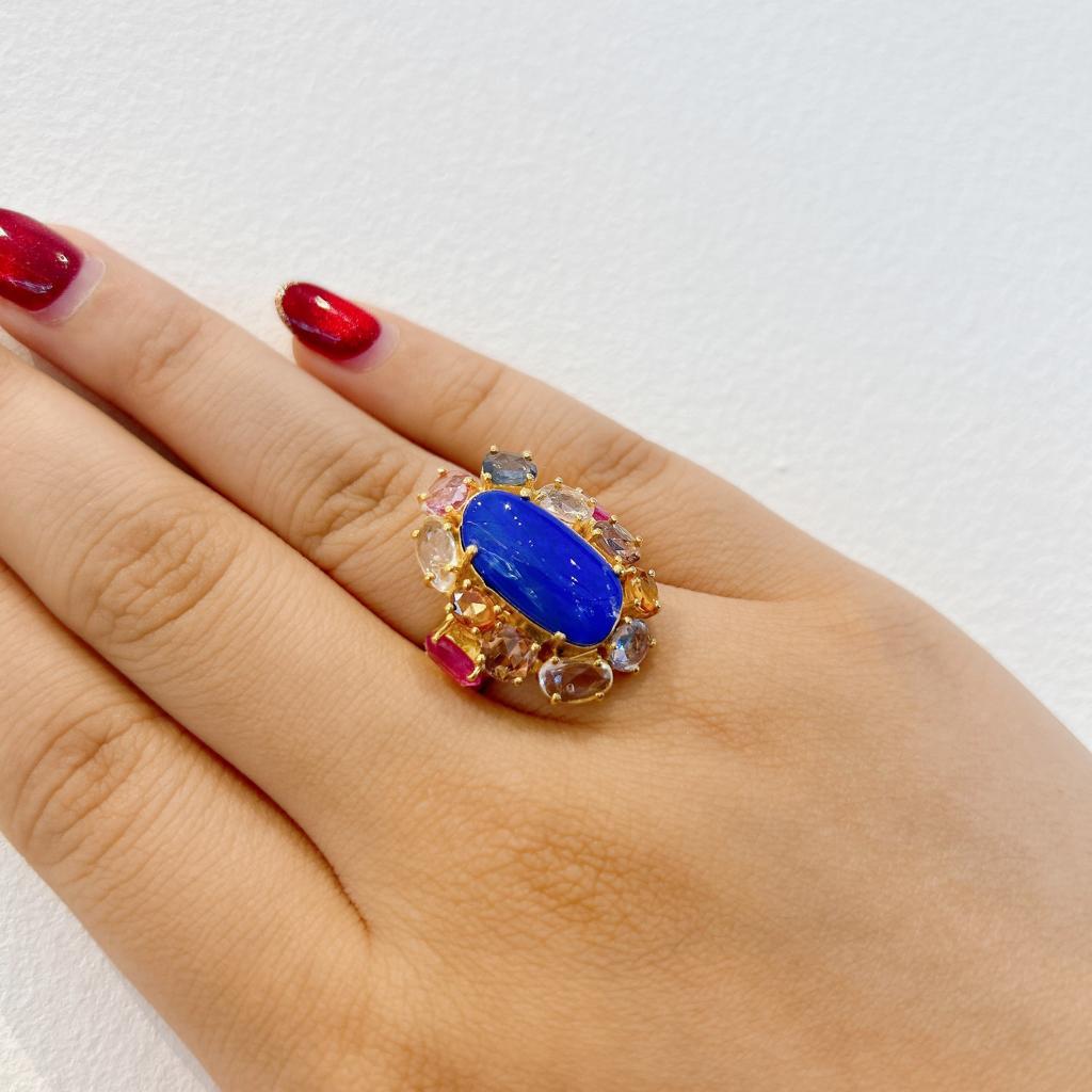 Rose Cut Bochic “Capri” Blue Opal & Multi color Sapphire Ring Set in 18K Gold & Silver  For Sale