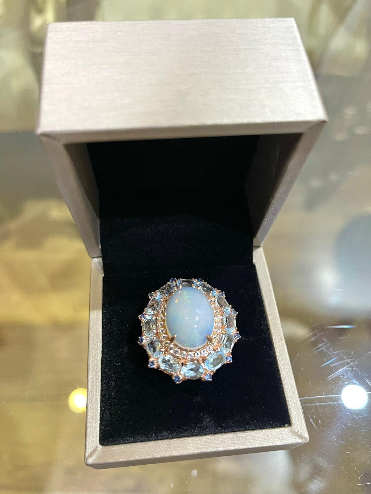 Bochic “Capri” Blue Opal & Multi color Sapphire Ring Set in 18K Gold & Silver  For Sale 2