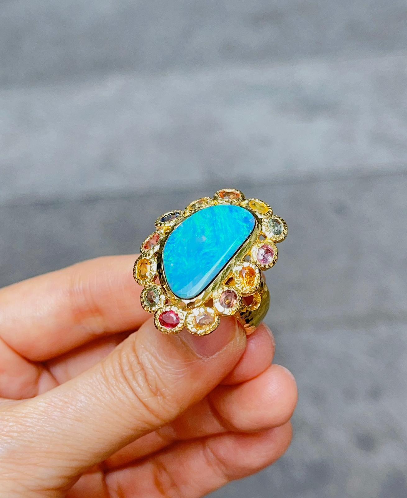 Bochic “Capri” Blue Opal & Multi Color Sapphire Ring Set in 22k Gold & Silver 6